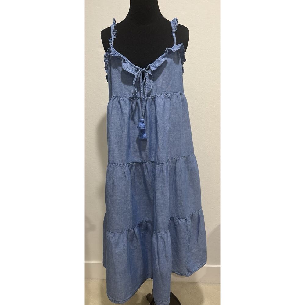 J.Crew Blue Linen Blend Tiered Maxi Dress Size Medium Tassel Tie Cottagecore - Picture 2 of 6